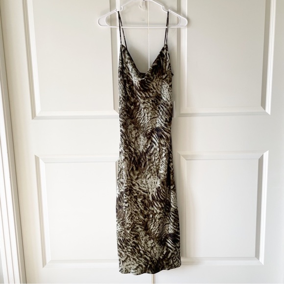Good American Jungle Print Cowl Neck Green Bias Midi Slip Dress Size Small - Picture 2 of 11